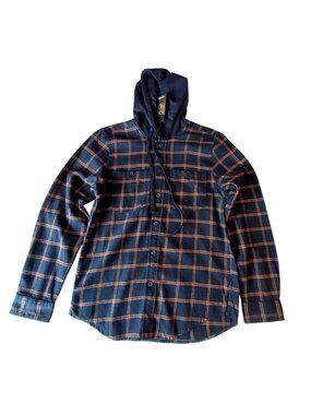 Original Use Navy Plaid Hooded Flannel Shirt Button-Up Small Size Lightweight